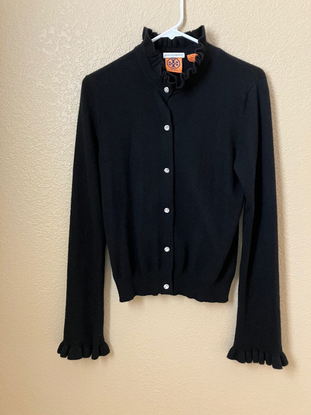 Tori Burch Cashmere Sweater Ruffle Collar Cuffs Women's Medium Black